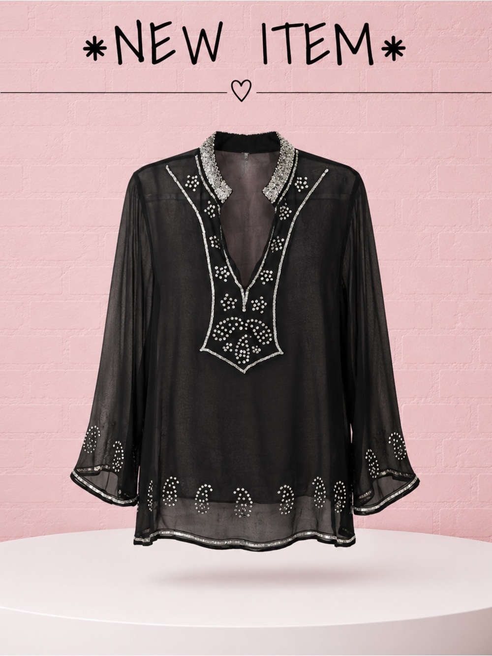 Black Sheer Sequin Embellished Tunic Blouse w/ Cami Tank 2X